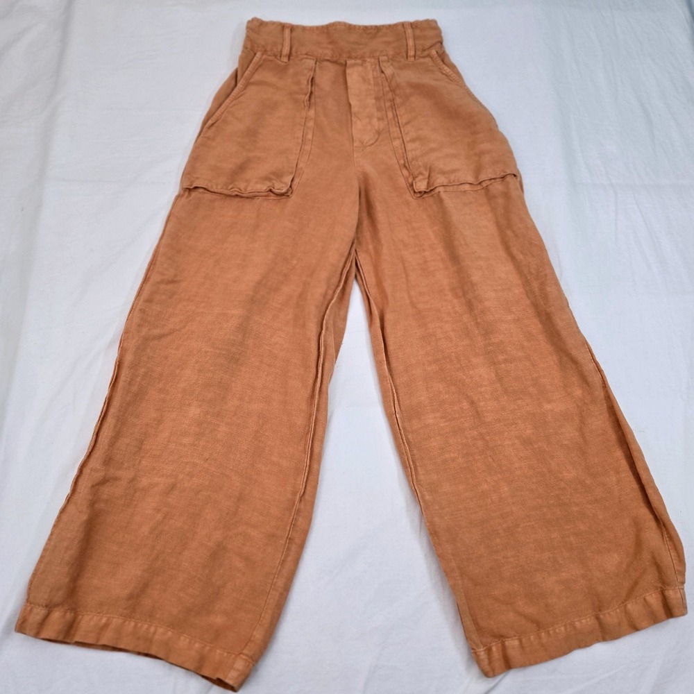 YFB S Wide Leg Pants Linen Rayon‎ Blend Rust Smocked High Rise Boho Flowy Chic